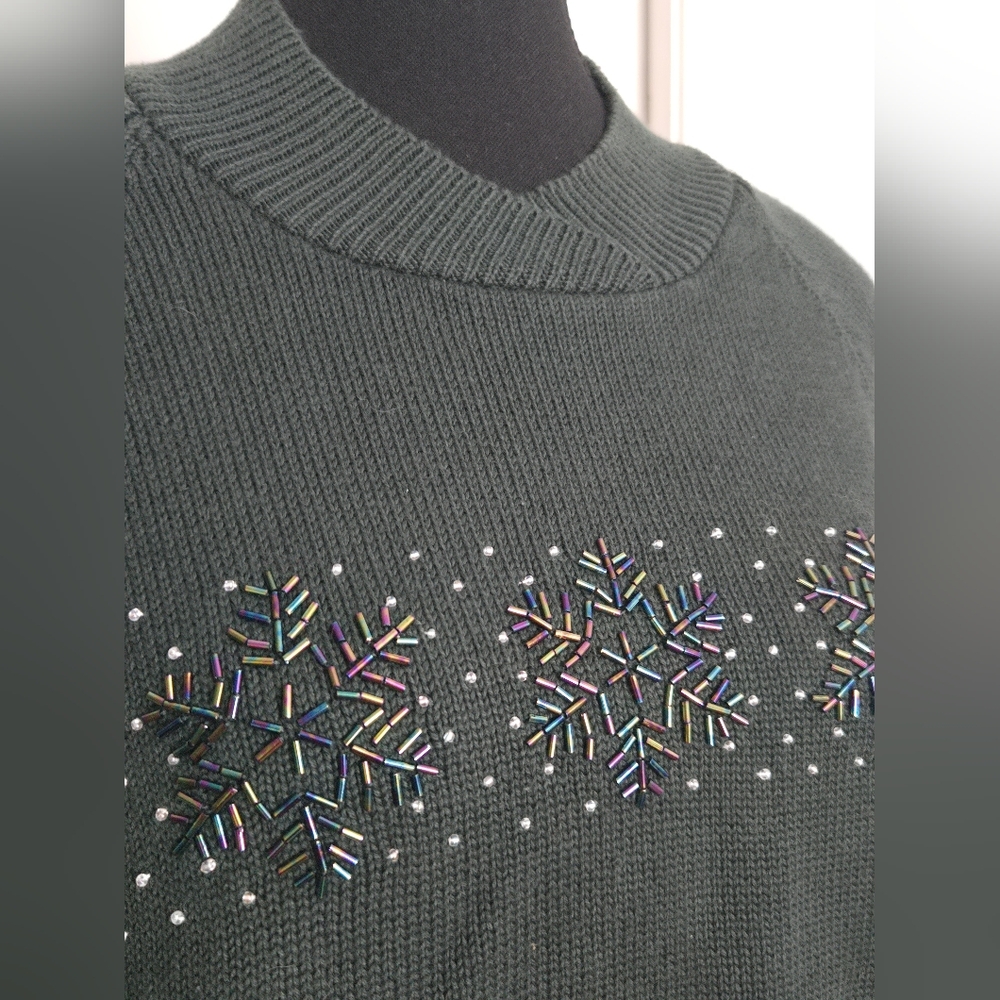Beaded Snowflake Sweater, Meanna, Dark Green Knit Winter Pullover Holiday Jumper